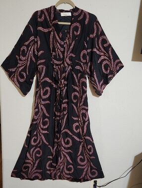 Natalie Martin Black Dress with Dusty Burgundy and Blue Swirl Motif. Size S